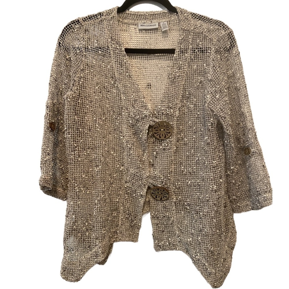 Nina Leonard Coconut Button 3-4 Sleeve Knit Bolero Cardigan Topper Natural S New